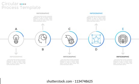 Horizontal Timeline With 5 Circular Elements, Thin Line Pictograms And Place For Text. Concept Of 5-stepped Strategic Plan. Linear Infographic Design Template. Vector Illustration For Presentation.