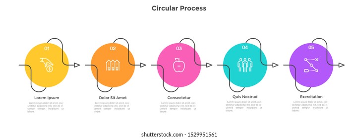 Horizontal timeline with 5 circular elements connected by curved arrows. Concept of five successive steps of business progress and development. Infographic design template. Flat vector illustration.