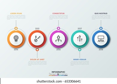 Horizontal timeline with 5 circular elements, pictograms inside, line curved around them, year indication, text boxes. Realistic infographic design layout. Vector illustration for annual report.