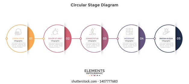 Horizontal timeline with 5 circular paper white elements connected into chain. Concept of five steps to leadership and business success. Modern infographic design template. Vector illustration.