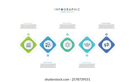 Horizontal timeline with 5 circular, square elements, clean and modern infographic template designed for easy data visualization. It features five distinct sections, modern infographic template design