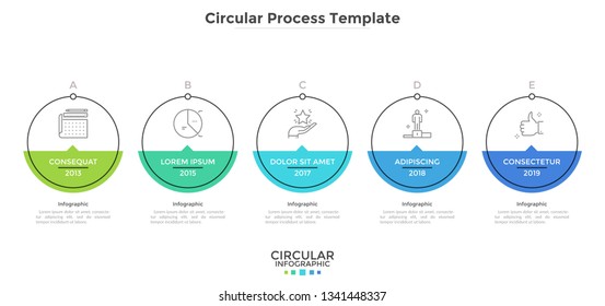 Horizontal timeline with 5 colorful circular elements. Concept of five annual stages of business development. Simple infographic design template. Flat vector illustration for report, progress bar.