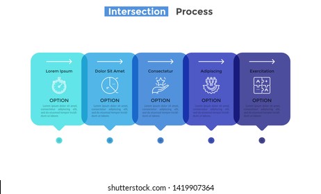 Horizontal timeline with 5 intersected translucent rectangular elements. Concept of five successive stages of business process. Modern infographic design template. Flat vector illustration for report.