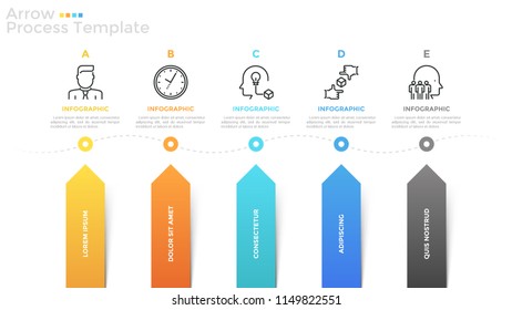 Horizontal timeline with 5 linear icons, text boxes and colorful arrows pointing at it. Concept of five successive steps of business development. Infographic design template. Vector illustration.