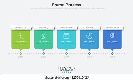 Horizontal timeline with 5 rectangular elements and year indication. Flat infographic design template. Modern vector illustration for company's annual progress or development history visualization.