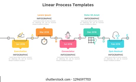 Horizontal timeline with 5 rectangular elements, pointers and dates. Five stages of startup project plan. Flat infographic design template. Vector illustration for progress bar, presentation, report.