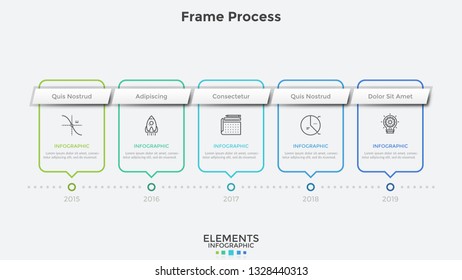 Horizontal timeline with 5 rectangular frames and year indication. Concept of annual progress in company's development. Modern infographic design template. Vector illustration for corporate report.