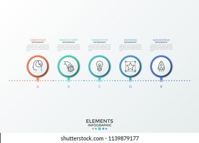 Horizontal timeline with 5 round elements, linear symbols and text boxes. Concept of 5 successive steps to product release. Creative infographic design template. Vector illustration for brochure.