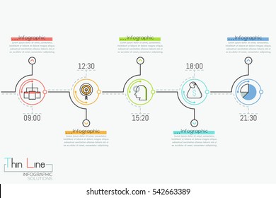 Horizontal Timeline With 5 Round Elements, Time Indication, Pictograms And Text Boxes. Creative Infographic Design Layout. Daily Appointments Planning Concept. Vector Illustration In Thin Line Style.