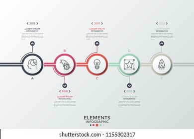 Horizontal timeline with 5 round paper white elements, linear symbols inside, year indication and place for text. Concept of annual business planning. Infographic design template. Vector illustration.