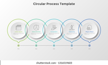 Horizontal timeline with 5 round paper white elements connected by line. Five milestones of business development process. Realistic infographic design template. Vector illustration for progress bar.