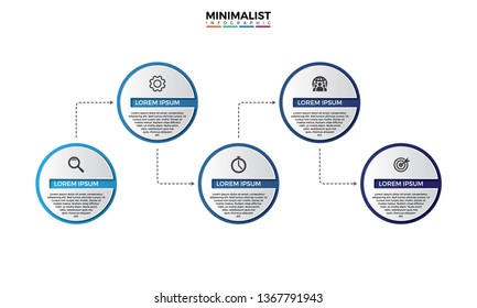 Horizontal timeline with 5 round paper white elements connected by line. Four milestones of business development process. Realistic infographic design template. Vector illustration for progress bar.