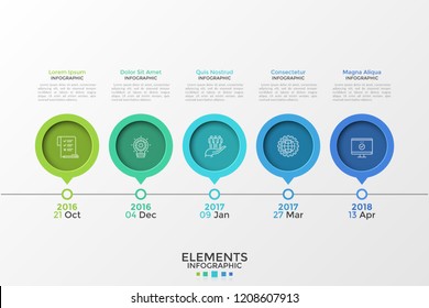 Horizontal timeline with 5 round pointer or marker elements, thin line symbols, letters and place for text. Simple infographic design template. Vector illustration for presentation, brochure.