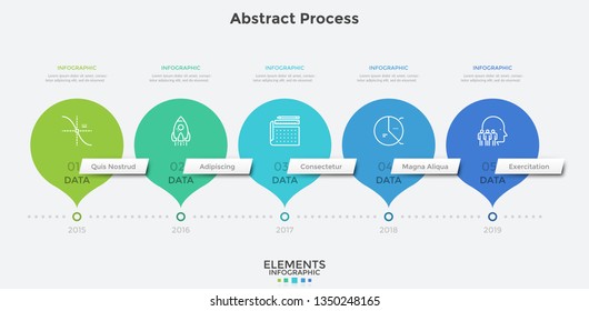 Horizontal timeline with 5 round pointer-like elements. Concept of five milestones of company's development history. Abstract infographic design template. Modern vector illustration for presentation.