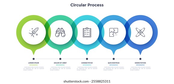 Horizontal timeline with 5 round pointer-like elements. Concept of five milestones of company's development history. Abstract infographic design template. Modern vector illustration for presentation.