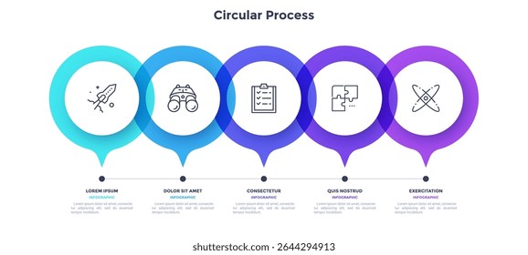 Horizontal timeline with 5 round pointer-like elements. Concept of five milestones of company's development history. Abstract infographic design template. Modern vector illustration for presentation.
