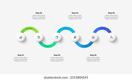 Horizontale Zeitlinie mit 6 Kreisen und einer gekrümmten Linie. Infografische Design-Vorlage. Visualisierung des jährlichen Fortschritts oder der Entwicklungsgeschichte
