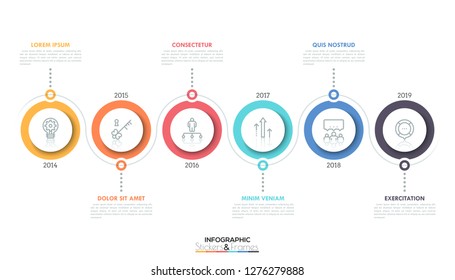 Horizontal timeline with 6 circular elements, thin line icons inside them, year indication and text boxes. Minimal infographic design template. Vector illustration for brochure, banner, annual report.