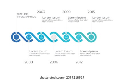 Horizontal timeline with 6 circular elements, thin line icons inside them, year indication and text boxes. Minimal infographic design template. Vector illustration for brochure, banner, annual report.