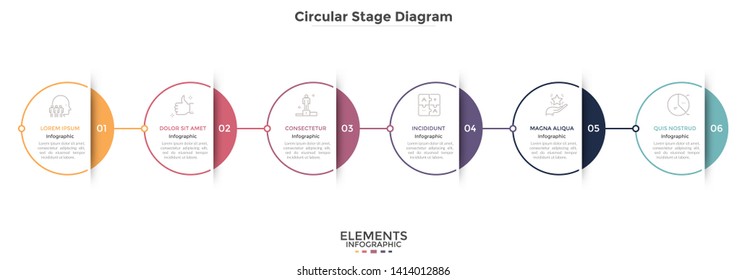 Horizontal timeline with 6 circular paper white elements connected into chain. Concept of six steps to leadership and business success. Modern infographic design template. Vector illustration.