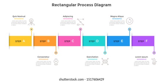 Horizontal timeline with 6 colorful rectangular elements. Concept of six milestones of company development. Flat infographic design template. Vector illustration for business data visualization.