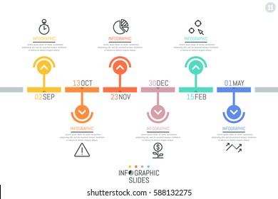 Horizontal timeline, 6 elements with date indication and arrows pointing at icons and text boxes. Infographic design template. Task scheduler concept. Vector illustration for website, presentation.