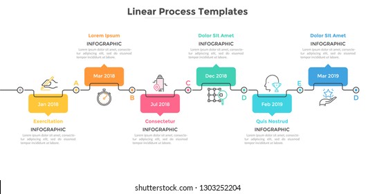 Horizontal Timeline With 6 Rectangular Elements, Pointers And Dates. Six Stages Of Startup Project Plan. Flat Infographic Design Template. Vector Illustration For Progress Bar, Presentation, Report.