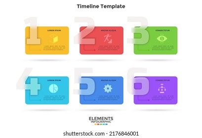 Horizontal Timeline With 6 Rectangular Elements With Translucent Numbers. Concept Of Six Milestones Of Company Development History. Simple Infographic Design Template. Flat Vector Illustration.