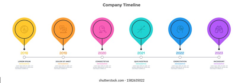 Horizontal Timeline With 6 Round Elements. Concept Of Six Milestones Of Company Development History. Simple Infographic Design Template. Modern Vector Illustration For Presentation, Progress Bar.