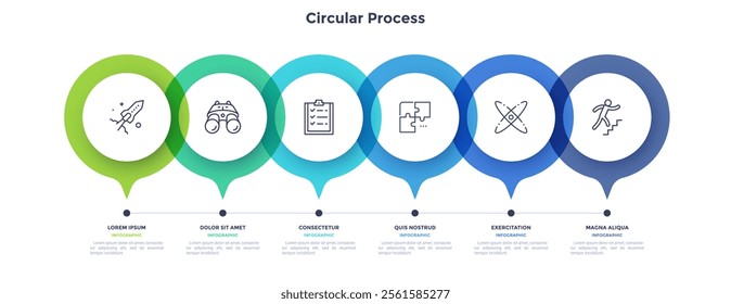 Horizontal timeline with 6 round pointer-like elements. Concept of six milestones of company's development history. Abstract infographic design template. Modern vector illustration for presentation.