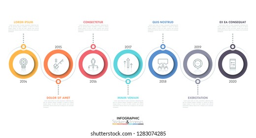 Horizontal timeline with 7 circular elements, thin line icons inside them, year indication and text boxes. Minimal infographic design template. Vector illustration for brochure, banner, annual report.