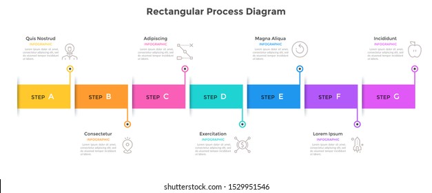 Horizontal timeline with 7 colorful rectangular elements. Concept of seven milestones of company development. Flat infographic design template. Vector illustration for business data visualization.