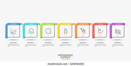 Horizontal timeline with 7 square elements connected by colorful arrows. Flat infographic design template. Vector illustration for flowchart, progress bar, business strategic development planning.