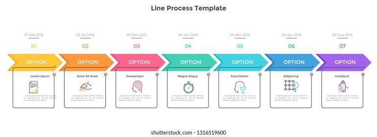 Horizontal timeline with 7 square elements, arrows and dates. Seven successive steps of business project development. Modern infographic design template. Flat vector illustration for progress bar.