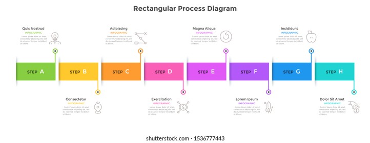 Horizontal timeline with 8 colorful rectangular elements. Concept of eight milestones of company development. Flat infographic design template. Vector illustration for business data visualization.