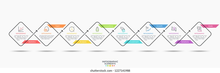 Horizontal timeline with 8 linear square elements and place for text inside them. Modern vector illustration for project development stages visualization, presentation, steps of business plan.