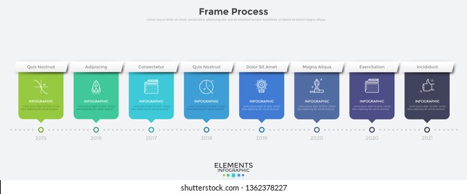 Horizontal timeline with 8 rectangular elements and year indication. Flat infographic design template. Modern vector illustration for company's annual progress or development history visualization.