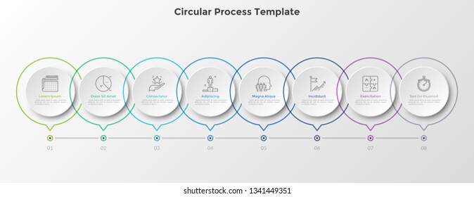 Horizontal timeline with 8 round paper white elements connected by line. Eight milestones of business development process. Realistic infographic design template. Vector illustration for progress bar.
