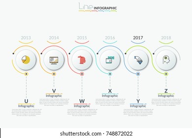 Horizontal timeline consisted of 6 round white elements with thin line icons inside, year indication and text boxes. Concept of annual development. Infographic design template. Vector illustration.