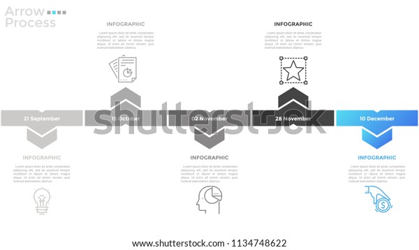 Horizontal timeline divided into 5 elements
with date indication inside and arrows pointing at thin line
symbols and text boxes. Infographic design layout. Vector
illustration for strategic
planning.