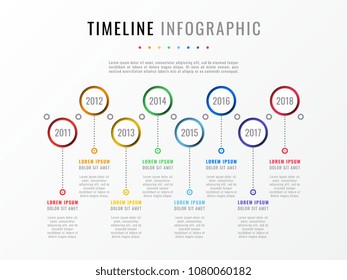 horizontal timeline with eight round elements, year indication and text boxes. simple process diagram for brochure, banner, annual report
