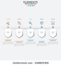 Horizontal timeline with five arrow-like paper white elements, linear icons, time indication and text boxes. Concept of 5-stepped process. Infographic design template. Vector illustration for report.