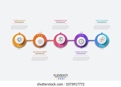 Horizontal timeline. Five colorful round elements with linear symbols inside and time indication connected by line. Creative infographic design template. Vector illustration for daily planner.