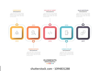 Horizontal timeline. Five multicolored squares with thin line icons inside and year indication. Concept of annual development or history of company. Infographic design template. Vector illustration.