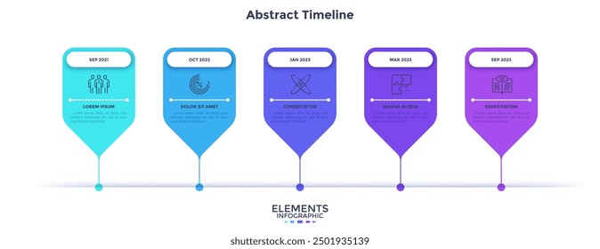 Línea de tiempo Horizontal con cinco Elementos tipo puntero. Concepto de 5 hitos del proceso de desarrollo de la empresa. Mínima Plantilla de diseño de infografía. Ilustración vectorial plana para visualización de datos.