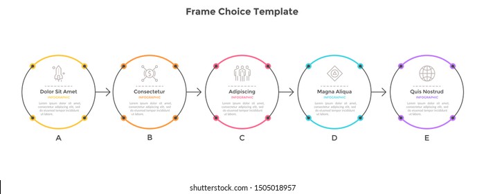 Horizontal timeline with five round elements or frames connected by arrows. Concept of 5 milestones of company development. Infographic design template. Vector illustration for business presentation.