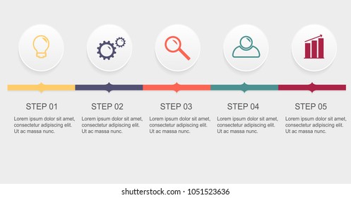 Horizontal timeline with five rounded paper white elements with flat icons.  Infographic design template. Vector illustration.
