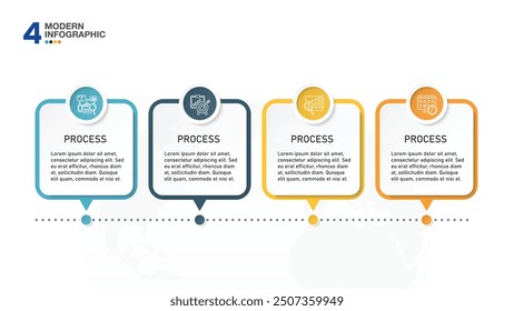 Horizontal timeline or flowchart with 4 square elements and space for data. Concept of four successive steps of company process.