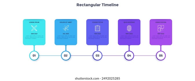 Horizontal timeline or flowchart with five rectangular elements and date indication. Concept of 5 successive steps of company development process. Simple flat vector illustration for progress bar.