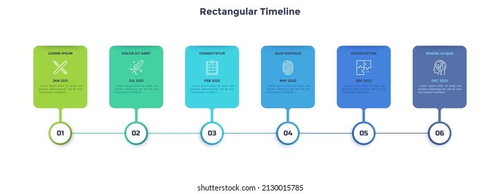 Escala horizontal o diagrama de flujo con seis elementos rectangulares e indicación de fecha. Concepto de 6 etapas sucesivas del proceso de desarrollo de la empresa. Ilustración vectorial plana simple para barra de progreso.